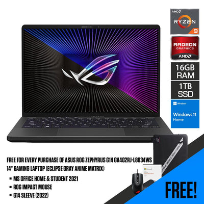 Asus ROG Zephyrus G14 GA402RJ-L8034WS Gaming Laptop (Eclipse Gray Anime Matrix) | 14" QHD+ | Ryzen™ 9 6900HS | 16GB RAM DDR5 | 1TB M.2 SSD | RX 6700S | Windows 11 Home | MS Office H&S 2021 | G14 Sleeve (2022) | ROG Impact Mouse