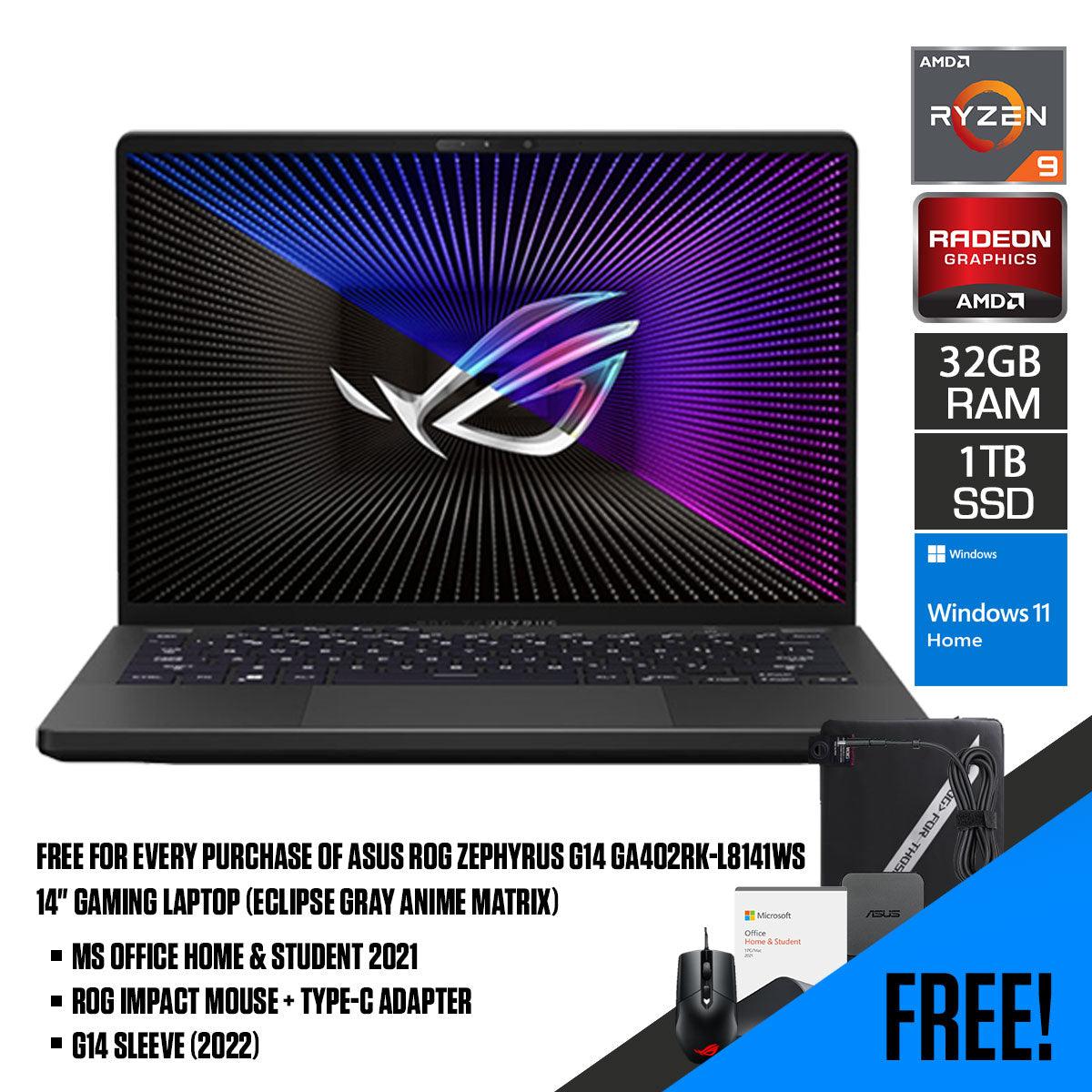 Asus ROG Zephyrus G14 GA402RK-L8141WS Gaming Laptop (Eclipse Gray Anime Matrix) | 14” QHD+ | Ryzen™ 9 6900HS | 32GB RAM DDR5 | 1TB M.2 SSD | RX 6800S | Windows 11 Home | MS Office H&S 2021 | G14 Sleeve (2022) | ROG Impact Mouse