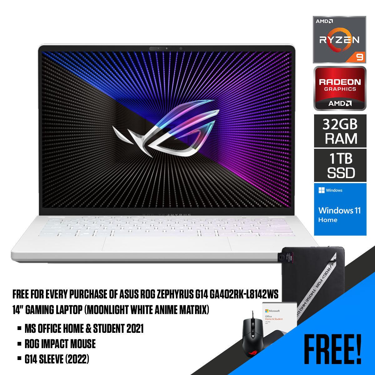 Asus ROG Zephyrus G14 GA402RK-L8142WS Gaming Laptop (Moonlight White Anime Matrix) | 14”  QHD+ | Ryzen™ 9 6900HS | 32GB RAM DDR5 | 1TB M.2 SSD | RX 6800S | Windows 11 Home | MS Office H&S 2021 | G14 Sleeve (2022) | ROG Impact Mouse