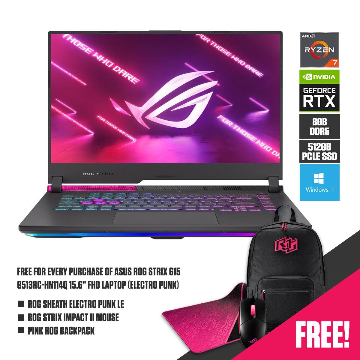 ASUS ROG Strix G15 G513RC-HN114W  Laptop (Electro Punk) | 15.6" FHD | Ryzen™ 7 6800H | 8GB DDR5 | 512GB SSD | RTX™ 3050 | Windows 11 Home | Pink ROG Backpack | ROG STRIX Impact II Mouse