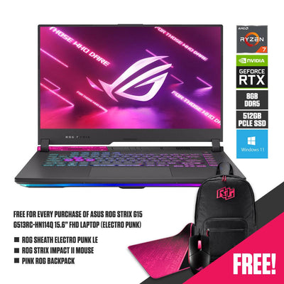 ASUS ROG Strix G15 G513RC-HN114W  Laptop (Electro Punk) | 15.6" FHD | Ryzen™ 7 6800H | 8GB DDR5 | 512GB SSD | RTX™ 3050 | Windows 11 Home | Pink ROG Backpack | ROG STRIX Impact II Mouse