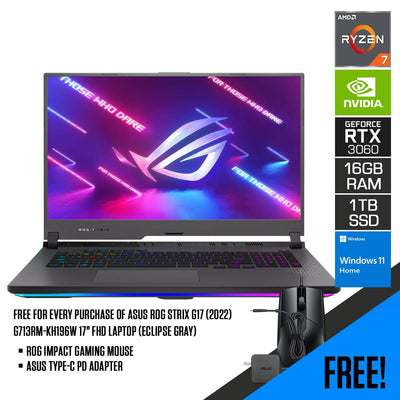ASUS ROG Strix G17 (2022) G713RM-KH196W FHD Laptop (Eclipse Gray) | 17.3" FHD | Ryzen™ 7 6800H | 16GB DDR5 | 1 TB SSD | RTX™ 3060 | Windows 11 Home | | ROG Impact Gaming Mouse | Type-C PD Adapter