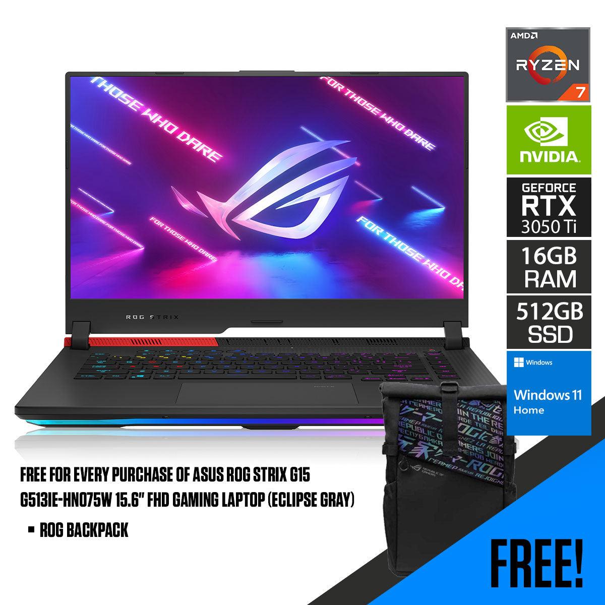 ASUS ROG Strix G15 G513IE-HN075W Gaming Laptop (Eclipse Gray) | 15.6" FHD |  Ryzen™ 7 4800H | 16GB RAM DDR4 | 512 GB SSD | RTX™ 3050 Ti | Windows 11 Home | ROG Backpack