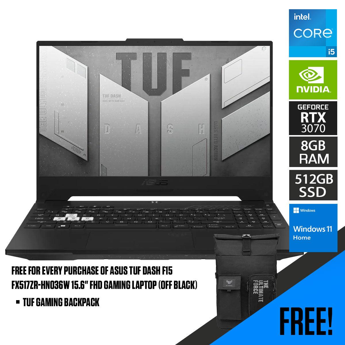 ASUS TUF Dash F15 FX517ZR-HN036W Gaming Laptop (Off Black) | 15.6”  FHD | i5-12450H | 8 GB RAM DDR5 | 512 GB SSD | RTX™ 3070 | Windows 11 Home | TUF Gaming Backpack