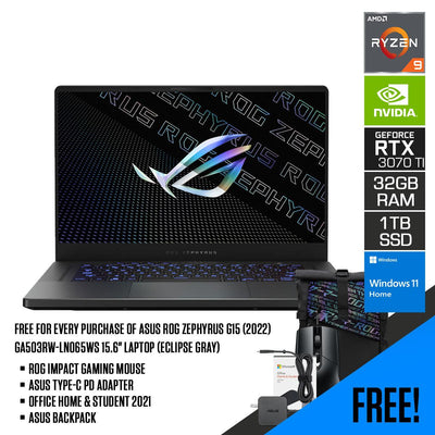 ASUS ROG Zephyrus G15 (2022) GA503RW-LN065WS  Laptop (Eclipse Gray) | 15.6" WQHD | Ryzen™ 9 6900HS | 32GB DDR5 | 1TB SSD | Windows 11 Home |MS Office H&S 2021 |  Gaming Mouse | Backpack | Type-C PD Adapter