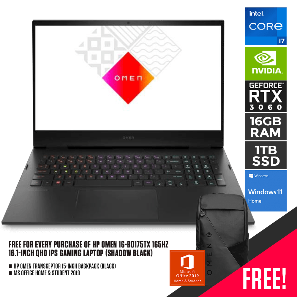 HP OMEN 16-B0175TX 165HZ GAMING LAPTOP (SHADOW BLACK) | 16.1" QHD | i7-11800H | 16GB DDR4 | 1TB SSD | RTX 3060 | WIN11 + MS OFFICE HOME & STUDENT 2019 + HP OMEN TRANSCEPTOR BACKPACK (BLACK)