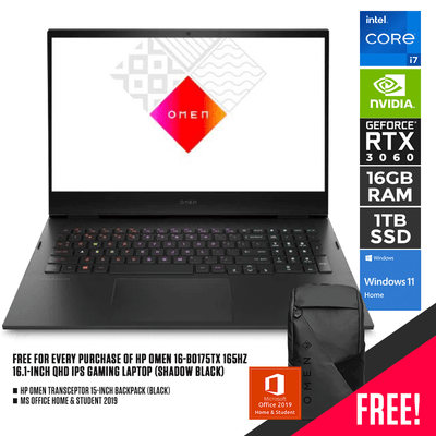 HP OMEN 16-B0175TX 165HZ GAMING LAPTOP (SHADOW BLACK) | 16.1" QHD | i7-11800H | 16GB DDR4 | 1TB SSD | RTX 3060 | WIN11 + MS OFFICE HOME & STUDENT 2019 + HP OMEN TRANSCEPTOR BACKPACK (BLACK)