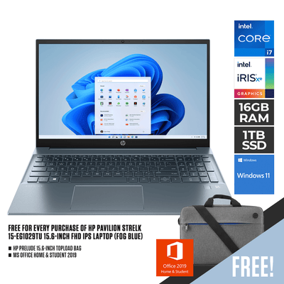 HP PAVILION STRELKA 15-EG1029TU LAPTOP (FOG BLUE) | 15.6" FHD | i7-1195G7 | 16GB DDR4 | 1TB SSD | IRIS® XE GRAPHICS | WIN11 + MS OFFICE HOME & STUDENT HP PRELUDE TOPLOAD BAG