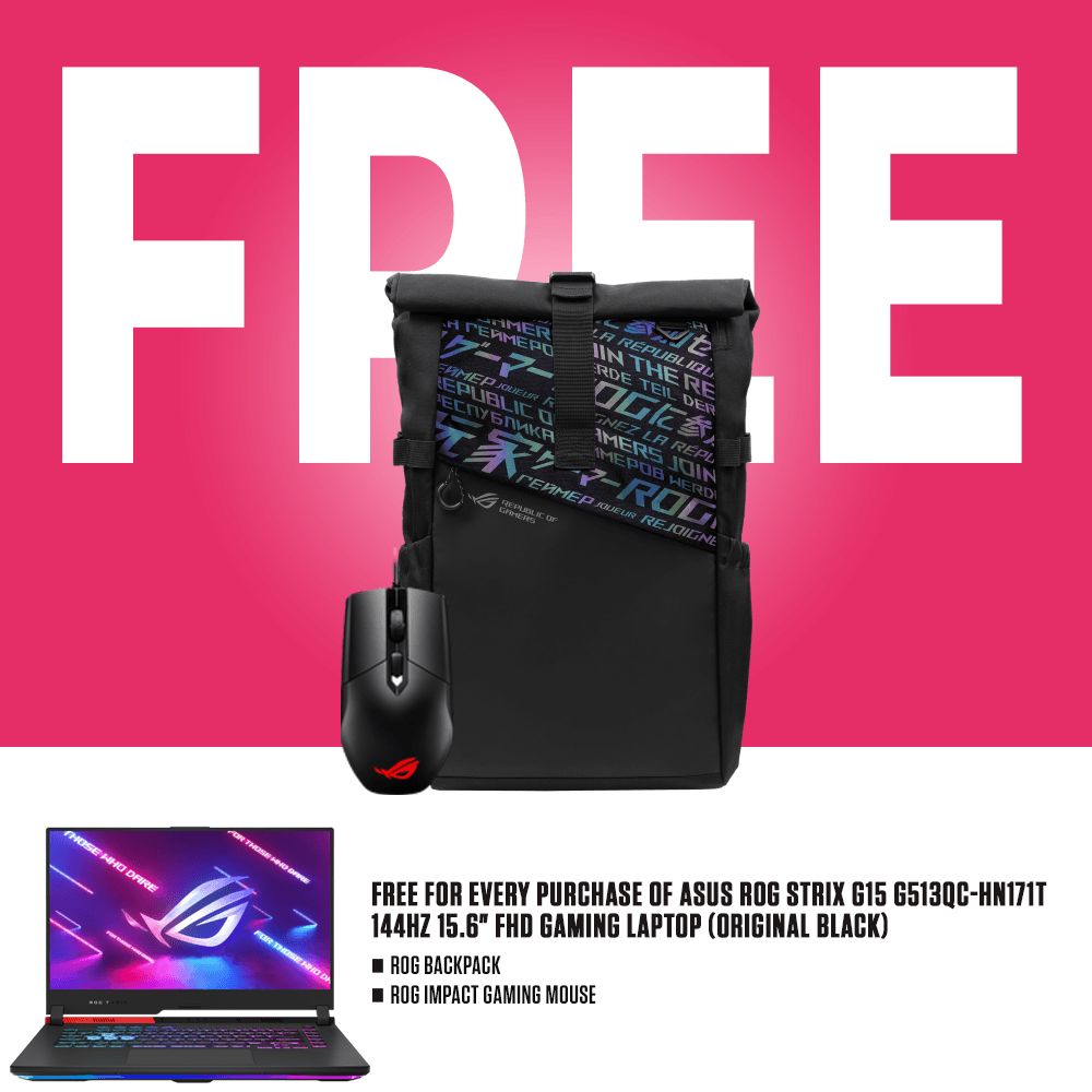 ASUS ROG STRIX G15 G513QC-HN171T 144HZ Gaming Laptop (Original Black) | 15.6" FHD | RYZEN 9 5900HX | 8GB DDR4 | 512GB SSD | RTX 3050 | WIN10 | ROG Backpack | ROG Impact Gaming Mouse