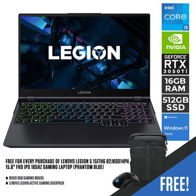LENOVO LEGION 5 15ITH6 82JK0014PH 165HZ GAMING LAPTOP (PHANTOM BLUE) | 15.6" FHD | i5-11400H | 16GB DDR4 | 512GB SSD | RTX3050Ti | WIN11  + M300 RGB GAMING MOUSE + LENOVO LEGION ACTIVE GAMING BACKPACK