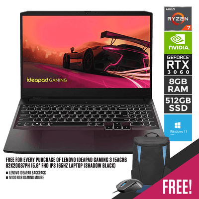 LENOVO IDEAPAD GAMING 3 15ACH6 82K20037PH 165HZ LAPTOP (SHADOW BLACK) | 15.6" FHD | RYZEN 7 5800H | 8GB DDR4 | 512GB SSD | RTX3060 | WIN11 + M100 RGB GAMING MOUSE + LENOVO IDEAPAD BACKPACK