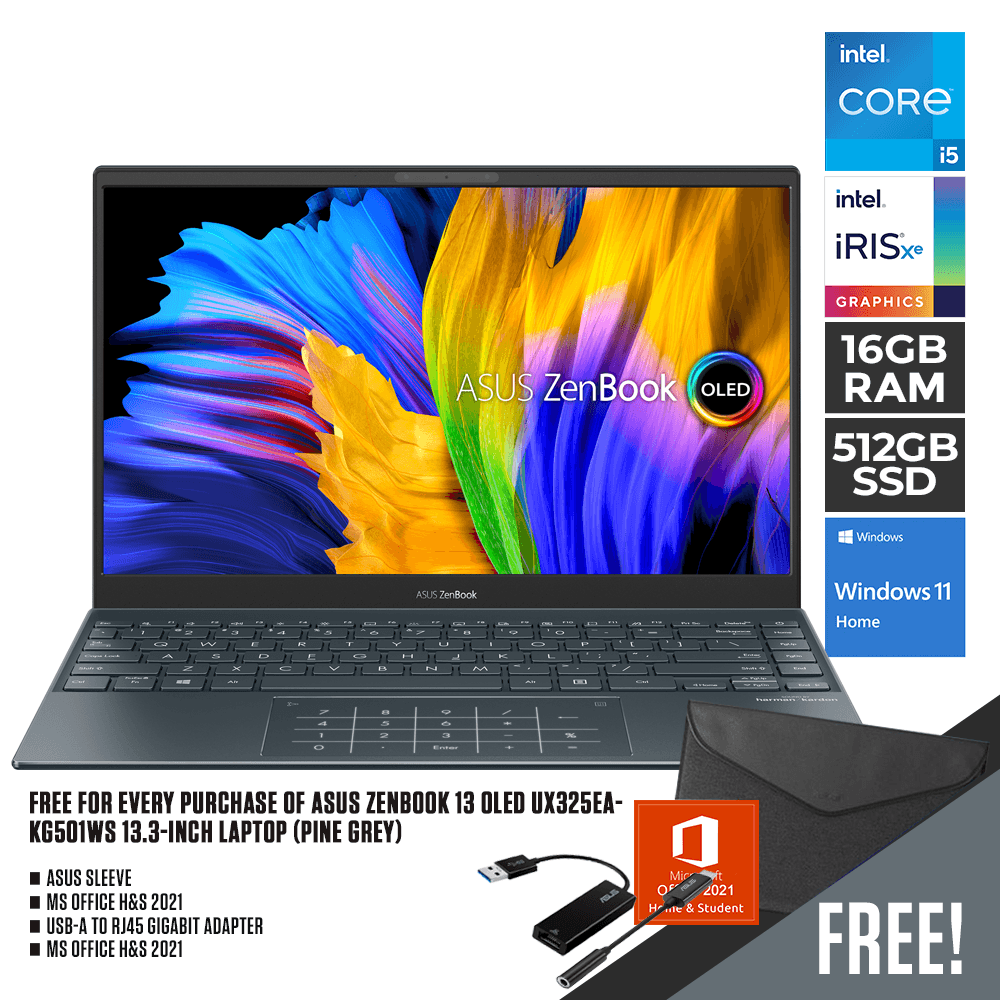 ASUS ZENBOOK 13 OLED UX325EA-KG501WS LAPTOP (PINE GREY) | 13.3" FHD | i5-1135G7 | 16GB LPDDR4X | 512B SSD | IRIS XE | WIN11 + MS OFFICE HOME & STUDENT 2021 + SLEEVE + USB-A TO RJ45 GIGABIT ADAPTER + USB-C TO AUDIO JACK ADAPTER