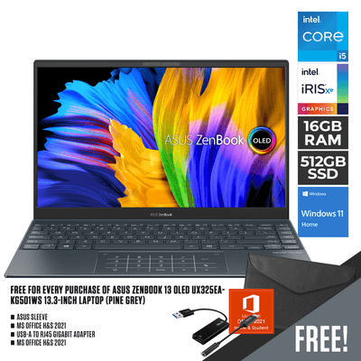 ASUS ZENBOOK 13 OLED UX325EA-KG501WS LAPTOP (PINE GREY) | 13.3" FHD | i5-1135G7 | 16GB LPDDR4X | 512B SSD | IRIS XE | WIN11 + MS OFFICE HOME & STUDENT 2021 + SLEEVE + USB-A TO RJ45 GIGABIT ADAPTER + USB-C TO AUDIO JACK ADAPTER