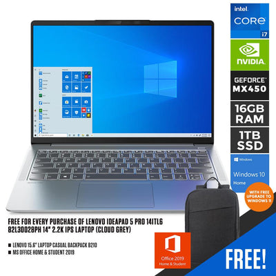 LENOVO IDEAPAD 5 PRO 14ITL6 82L30028PH LAPTOP (CLOUD GREY) | 14" 2.2K | i7-1165G7 | 16GB DDR4 | 1TB SSD | MX450 | WIN10 + MS OFFICE HOME & STUDENT LENOVO CASUAL BACKPACK B210