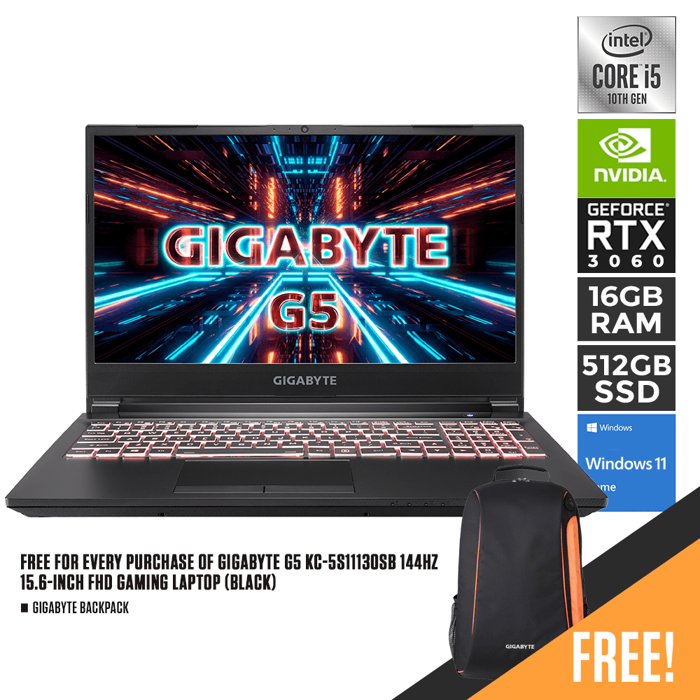 GIGABYTE G5 KC-5S11130SB Gaming Laptop (Black) | 15.6" FHD | i5-10500H | 16GB DDR4 | 512GB SSD | RTX 3060 | WIN11 | GIGABYTE Backpack