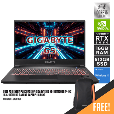 GIGABYTE G5 KC-5S11130SB Gaming Laptop (Black) | 15.6" FHD | i5-10500H | 16GB DDR4 | 512GB SSD | RTX 3060 | WIN11 | GIGABYTE Backpack