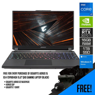 GIGABYTE AORUS 15 XE4-73PHB14GH GAMING LAPTOP (BLACK) | 15.6" QHD | i7-12700H | 16GB DDR4 | 1TB SSD | RTX 3070 TI | WIN11 + GIGABYTE AORUS G2 BACKPACK