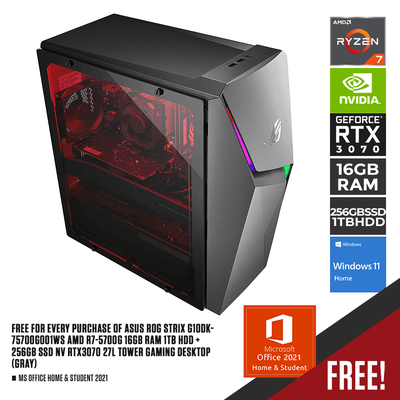 ASUS ROG STRIX G10DK-75700G001WS AMD R7-5700G 16GB RAM 1TB HDD + 256GB SSD NV RTX3070 27L TOWER GAMING DESKTOP (GRAY) + MS OFFICE HOME & STUDENT 2021