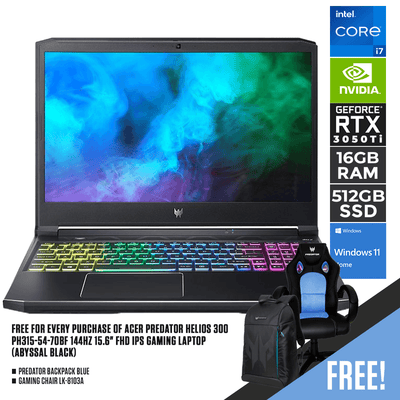 ACER PREDATOR HELIOS 300 PH315-54-70BF 144HZ GAMING LAPTOP (ABYSSAL BLACK) | 15.6" FHD | i7-11800H | 16GB DDR4 | 512 GB SSD | RTX3050TI | WIN11 + PREDATOR BACKPACK BLUE + GAMING CHAIR LK-8103A