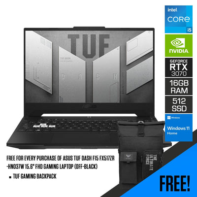 ASUS TUF Dash F15 FX517ZR-HN037W Gaming Laptop (Off Black) | 15.6" FHD | i5-12450H | 16GB RAM DDR5 | 512GB M.2 SSD | RTX 3070 | Windows 11 Home | TUF Gaming Backpack