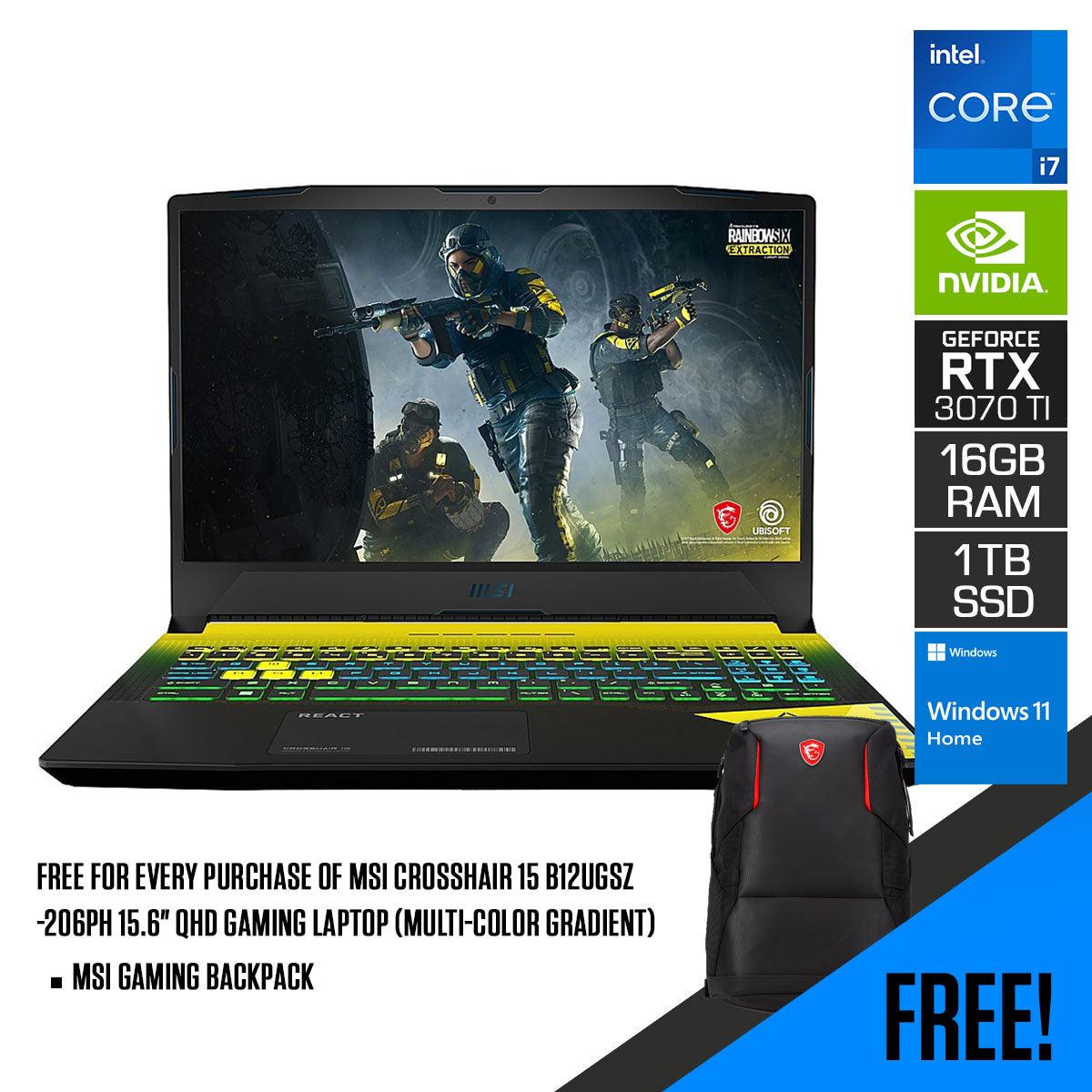 MSI CROSSHAIR 15 B12UGSZ-206PH Gaming Laptop (Multi-Color Gradient) | 15.6" QHD | i7-12700H | 16GB RAM DDR 4 | 1TB M.2 SSD | RTX 3070 Ti | Windows 11 Home | Gaming Backpack