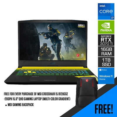 MSI CROSSHAIR 15 B12UGSZ-206PH Gaming Laptop (Multi-Color Gradient) | 15.6" QHD | i7-12700H | 16GB RAM DDR 4 | 1TB M.2 SSD | RTX 3070 Ti | Windows 11 Home | Gaming Backpack