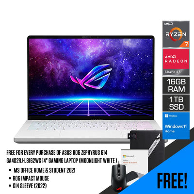 ASUS ROG Zephyrus G14 GA402RJ-L8162WS Gaming Laptop (Moonlight White Anime Matrix) | 14" QHD | Ryzen™ 7 6800HS | 16GB RAM | 1TB SSD | RX 6700S | Windows 11 Home | G14 Sleeve (2022) | ROG Impact Mouse