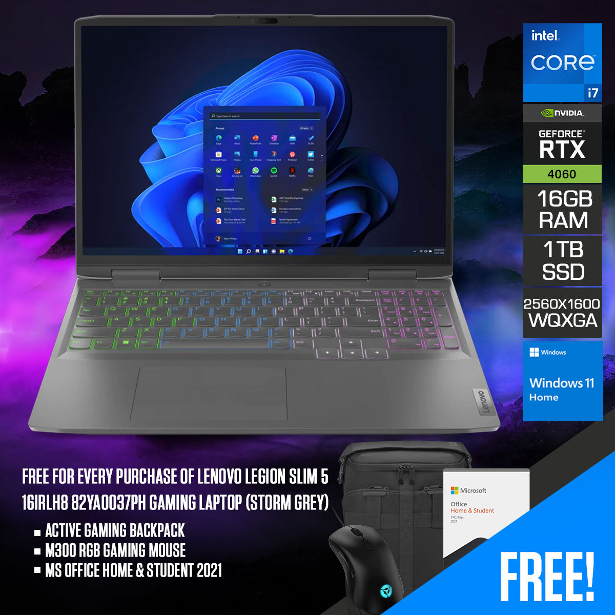 Lenovo Legion Slim 5 16IRH8 82YA0037PH Gaming Laptop (Storm Grey) | 16" WQXGA (2560x1600) | i7-13700H | 16GB RAM | 1TB SSD | RTX 4060 | Windows 11 Home | MS Office Home & Student 2021 | M300 RGB Gaming Mouse | Active Gaming Backpack