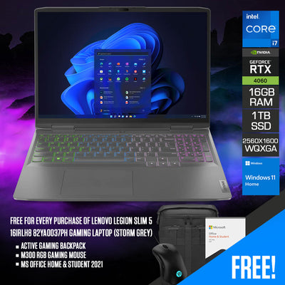 Lenovo Legion Slim 5 16IRH8 82YA0037PH Gaming Laptop (Storm Grey) | 16" WQXGA (2560x1600) | i7-13700H | 16GB RAM | 1TB SSD | RTX 4060 | Windows 11 Home | MS Office Home & Student 2021 | M300 RGB Gaming Mouse | Active Gaming Backpack