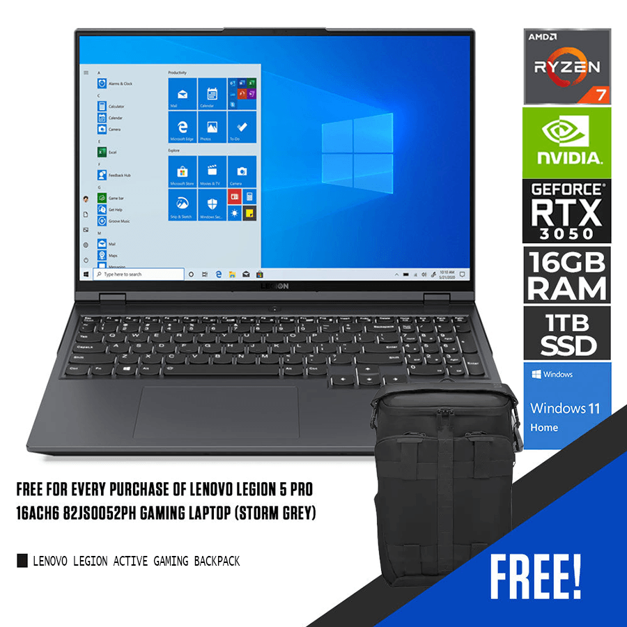 LENOVO Legion 5 Pro 16ACH6 82JS0052PH Gaming Laptop (Storm Grey) | 16” WQXGA | RYZEN 7 5800H | 16GB DDR4 | 1TB SSD | RTX 3050 | Win11 |LENOVO Legion Active Gaming Backpack