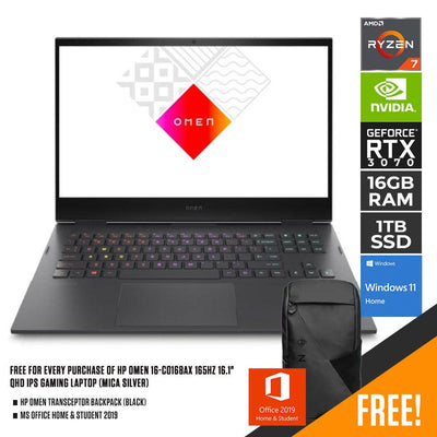 HP OMEN 16-C0168AX GAMING LAPTOP (MICA SILVER) | 16.1" QHD | Ryzen™ 7 5800H | 16GB DDR4 | 1TB SSD | RTX 3070 | WIN11 + MS OFFICE HOME & STUDENT 2019 W/ FREE HP OMEN TRANSCEPTOR BACKPACK (BLACK)