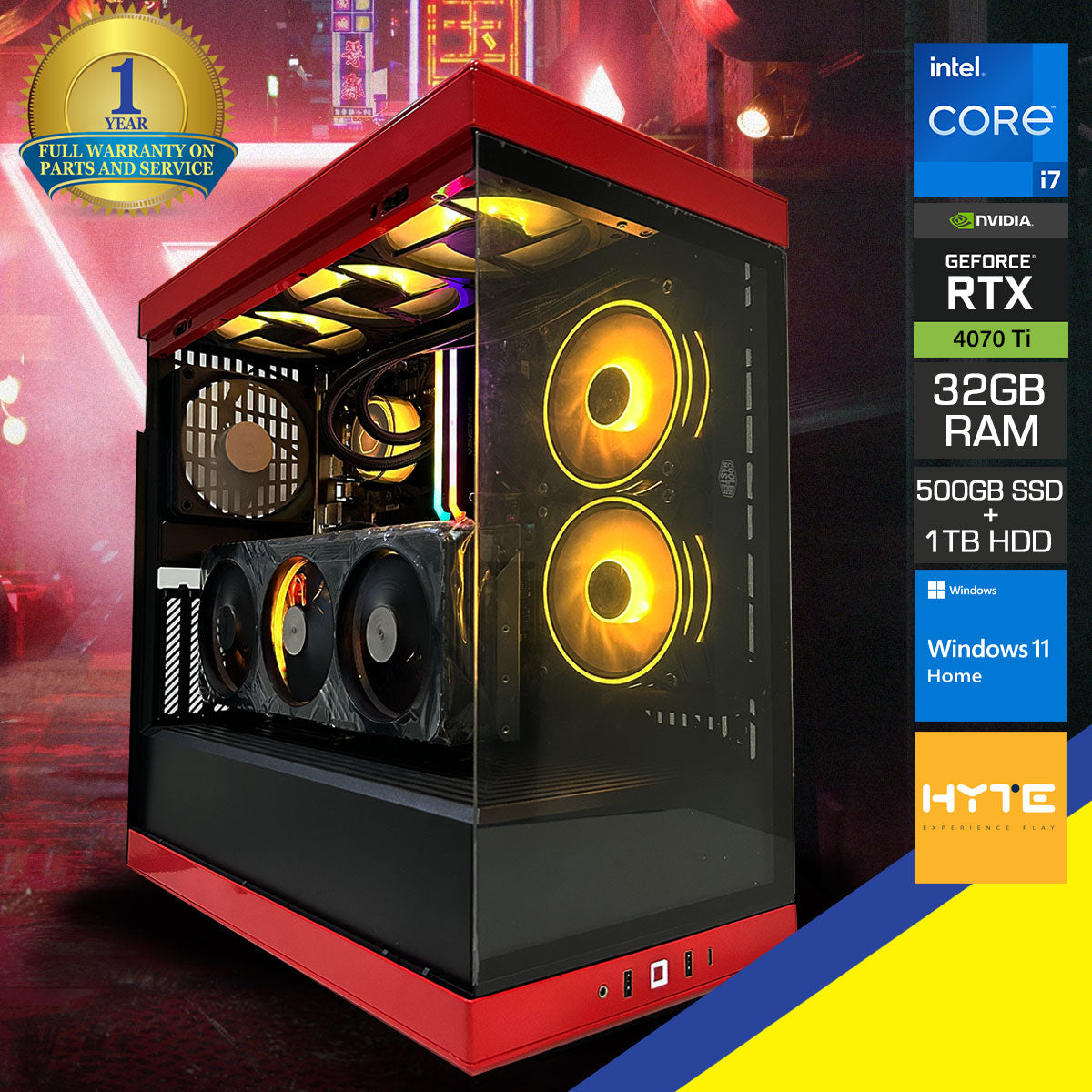 Optima Y40 V3 Desktop Gaming PC (Black/Red) | Intel Core i7 13700F | 32GB RAM | 500GB SSD | 1TB HDD | RTX 4070 Ti | Windows 11 Home