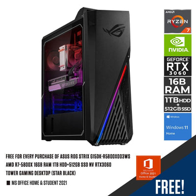 ASUS ROG STRIX G15DK-R5800X003WS AMD R7-5800X 16GB RAM 1TB HDD+512GB SSD NV RTX3060 TOWER GAMING DESKTOP (STAR BLACK) + MS OFFICE HOME & STUDENT 2021