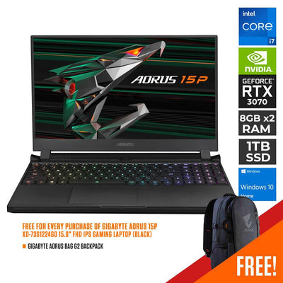 GIGABYTE AORUS 15P XD-73S1224GO Gaming Laptop (Black) | 15.6" FHD | i7-11800H | 16GB DDR4 | 1TB SSD | RTX™ 3070 | WIN10 GIGABYTE AORUS G2 Backpack (Black)