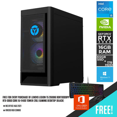 LENOVO LEGION T5 26IOB6 90RT0099PP GAMING DESKTOP TOWER (26L) (BLACK) | i5-11400 | 16GB DDR4 | 512GB SSD + 1TB HDD | RTX-3060 | WIN11 + MS OFFICE H&S 2021 + KM300 RGB COMBO