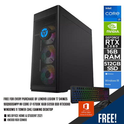 LENOVO LEGION T7 34IMZ5 90Q9005NPP NV CORE I7-11700K 16GB 512GB SSD RTX3080 WINDOWS 11 TOWER (34L) GAMING DESKTOP + MS OFFICE HOME & STUDENT 2021 + KM300 RGB COMBO