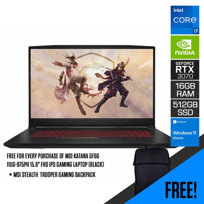 MSI Katana GF66 11UG-875PH 15.6”  FHD IPS Gaming Laptop (Black) | 15.6”  FHD | i7-11800H | 16 GB RAM | 512 GB SSD | RTX 3070 | Windows 11 Home |  MSI Gaming Backpack