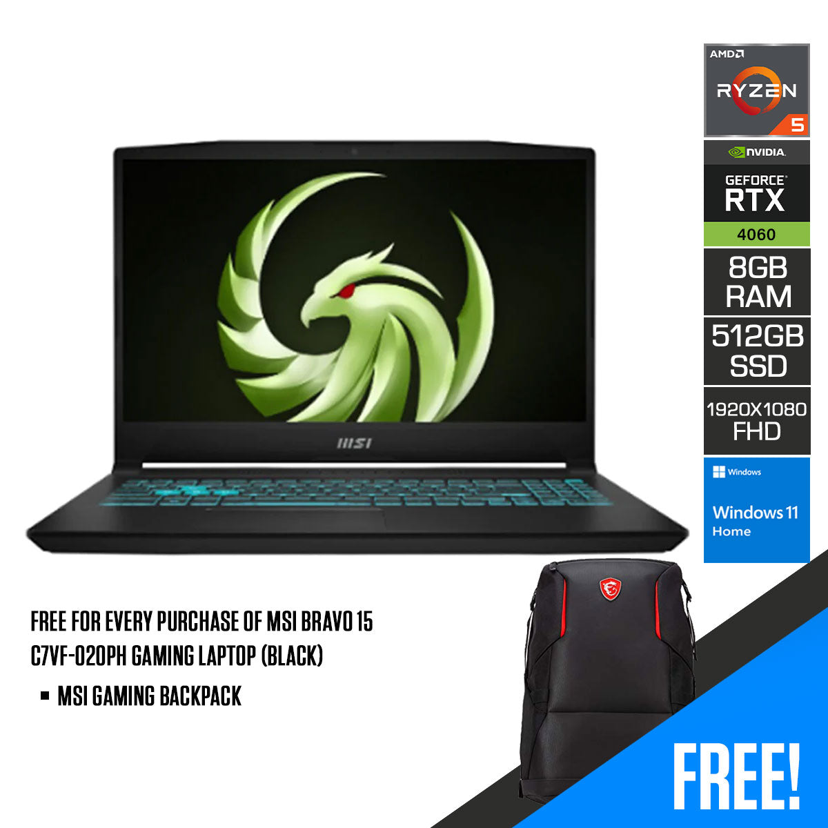 MSI Bravo 15 C7VF-020PH Gaming Laptop (Black) | 15.6" FHD (1920x1080) | Ryzen 5 7535HS | 8GB RAM | 512GB SSD | RTX 4060 | Windows 11 | MSI Gaming Backpack