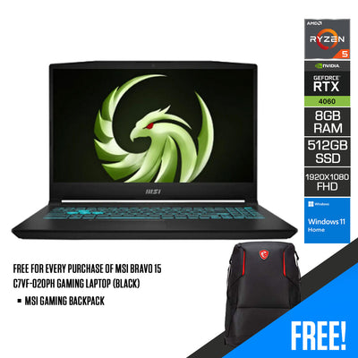MSI Bravo 15 C7VF-020PH Gaming Laptop (Black) | 15.6" FHD (1920x1080) | Ryzen 5 7535HS | 8GB RAM | 512GB SSD | RTX 4060 | Windows 11 | MSI Gaming Backpack