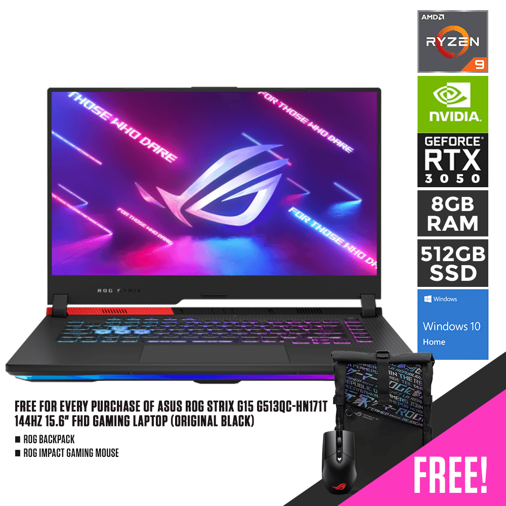 ASUS ROG STRIX G15 G513QC-HN171T 144HZ Gaming Laptop (Original Black) | 15.6" FHD | RYZEN 9 5900HX | 8GB DDR4 | 512GB SSD | RTX 3050 | WIN10 | ROG Backpack | ROG Impact Gaming Mouse