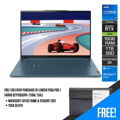 Lenovo Yoga Pro 7 14IRH8 82Y7003UPH 14.5" 3K IPS Laptop (Tidal Teal) | 14.5" (3072x1920) | i7 13700H | 16GB RAM | 1TB SSD | RTX 3050 | Windows 11 Home | MS Office Home & Student 2021 | Yoga Sleeve